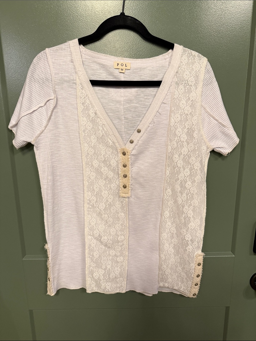 POL Women’s Ivory Lace-Trim Short Sleeve V-Neck Top